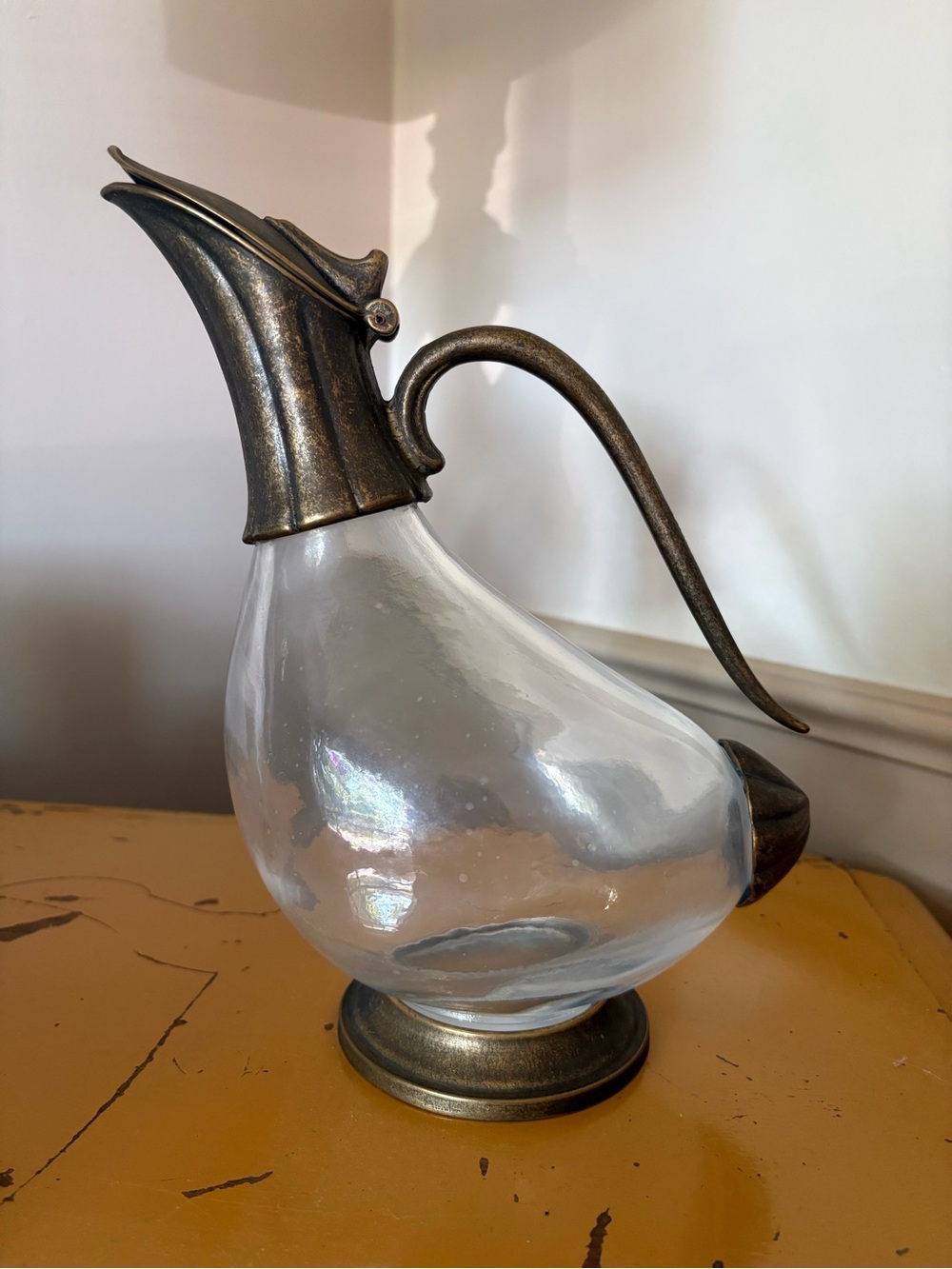 Clear Glass Pitcher with Antique Brass-Tone Metal Accents